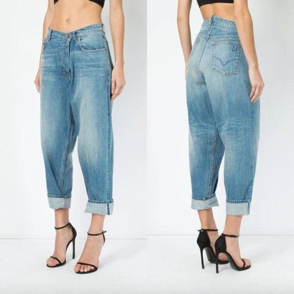 Monse light wash blue indigo denim criss cross Deconstructed Boyfriend Jeans - Picture 2 of 7